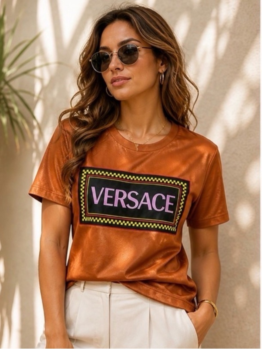Unisex Versace Orange Short-Sleeve Logo Tee  Black Patch Size 40 Fits